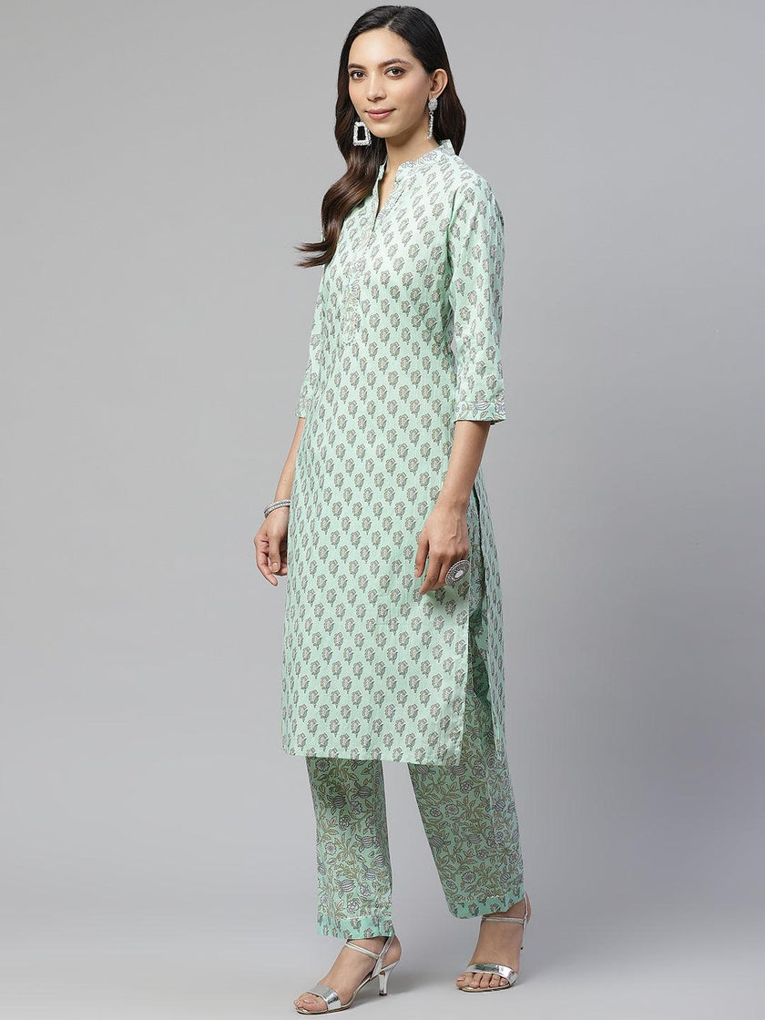 Divena Sea Green Cotton Printed Kurti Pant Set - divena world