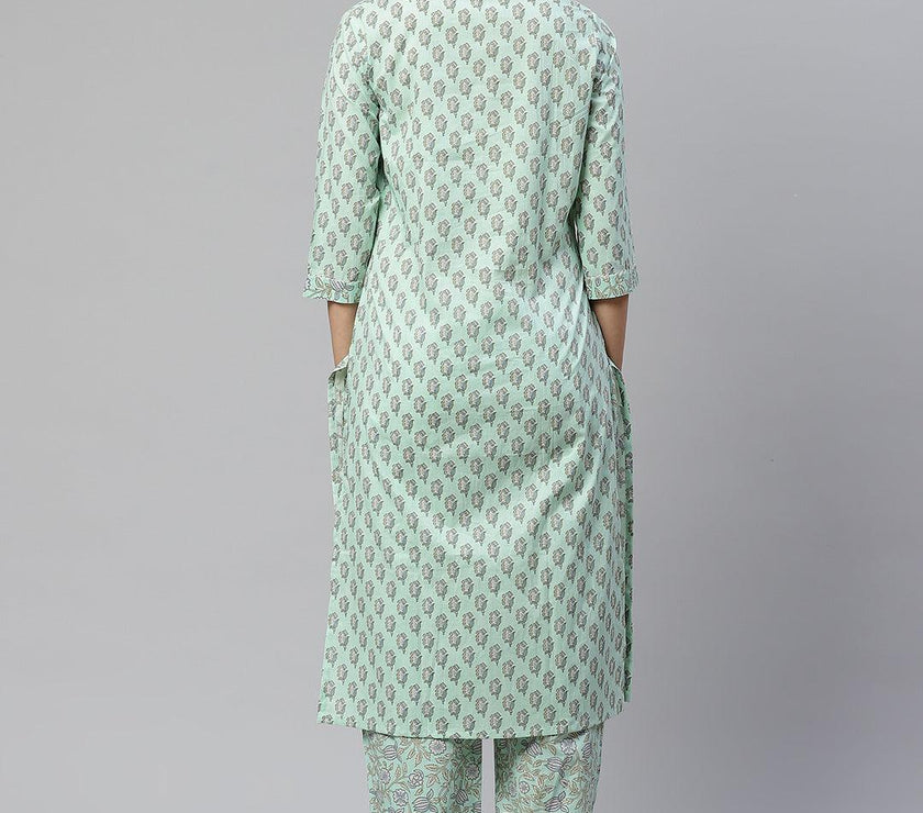 Divena Sea Green Cotton Printed Kurti Pant Set - divena world