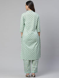 Divena Sea Green Cotton Printed Kurti Pant Set - divena world