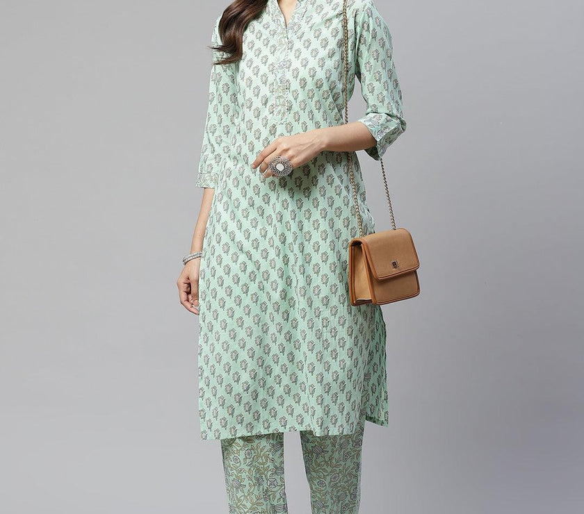 Divena Sea Green Cotton Printed Kurti Pant Set - divena world