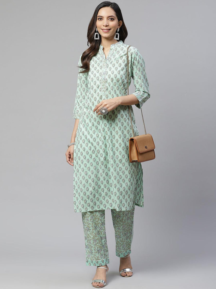 Divena Sea Green Cotton Printed Kurti Pant Set - divena world