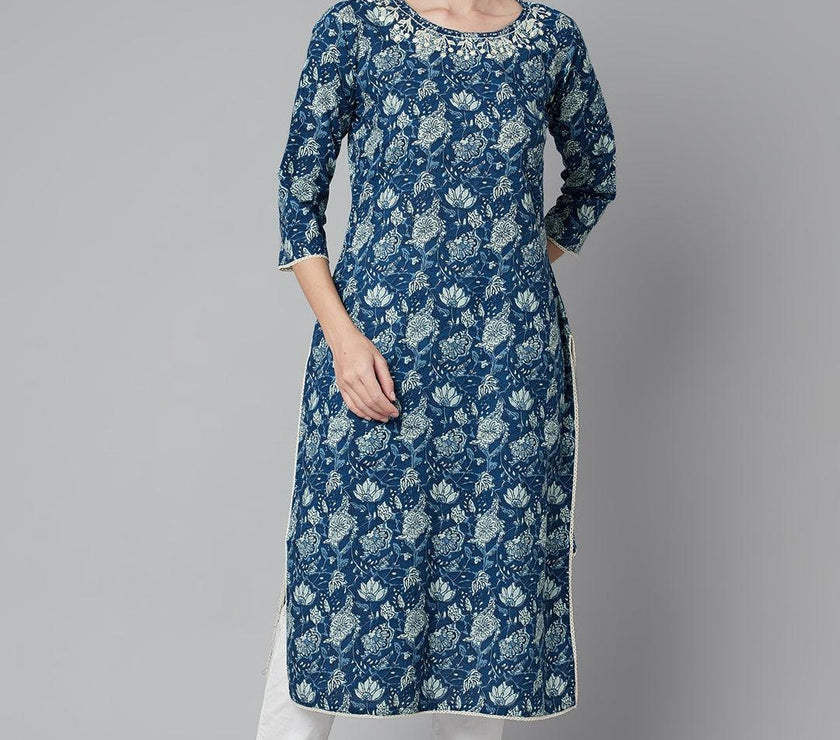 Divena Blue Floral Straight kurta - divena world