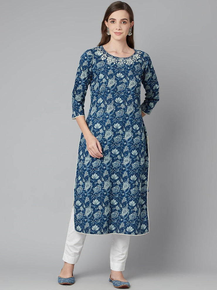 Divena Blue Floral Straight kurta - divena world