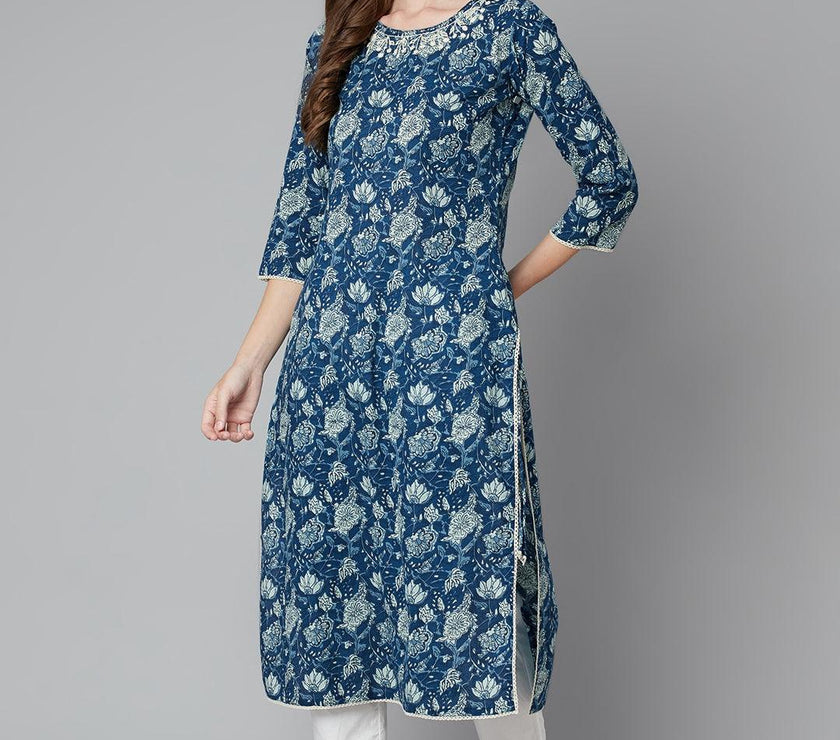 Divena Blue Floral Straight kurta - divena world