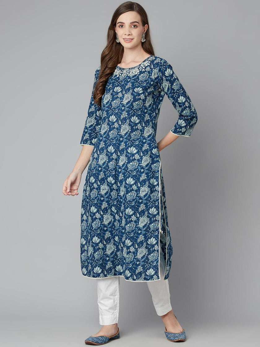 Divena Blue Floral Straight kurta - divena world