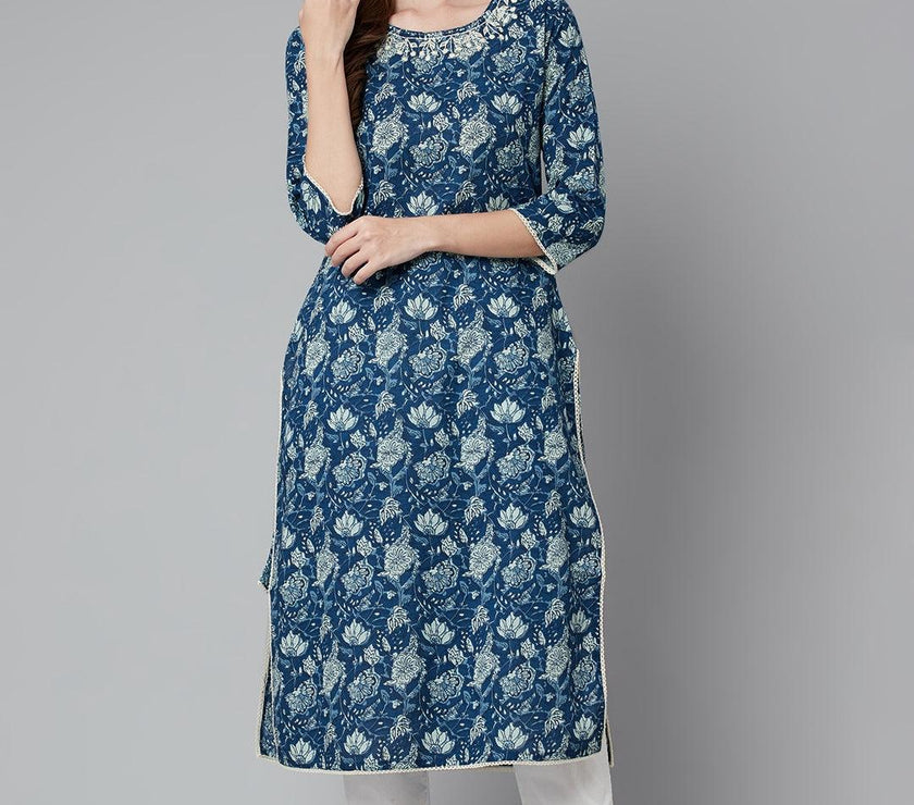 Divena Blue Floral Straight kurta - divena world