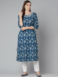 Divena Blue Floral Straight kurta - divena world