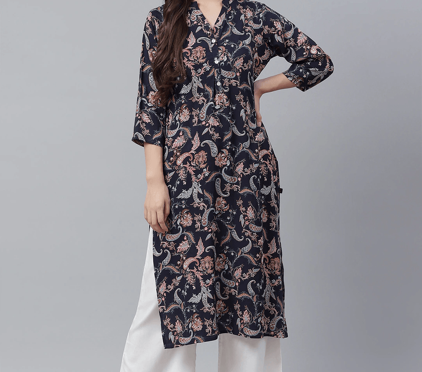 Divena Blue Printed Rayon Straight Kurti - divena world