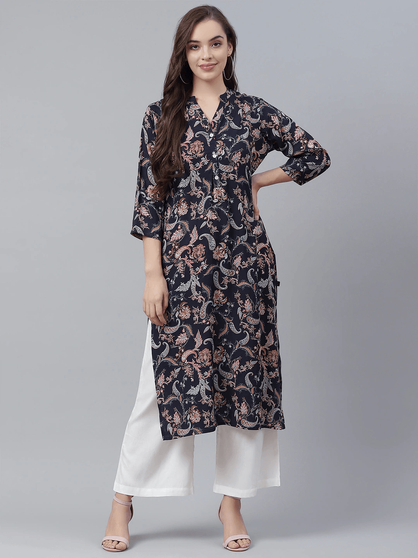 Divena Blue Printed Rayon Straight Kurti - divena world