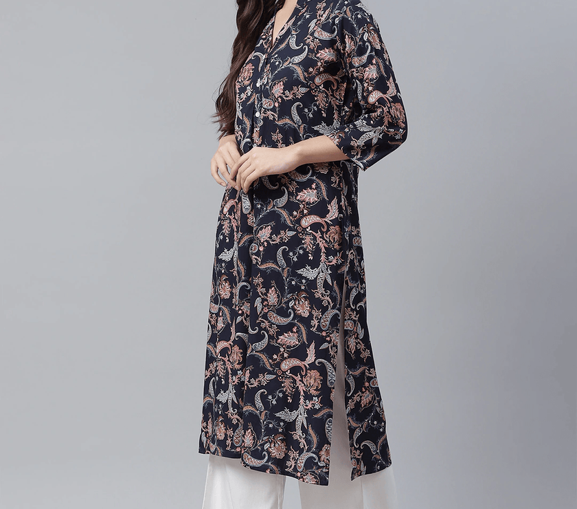 Divena Blue Printed Rayon Straight Kurti - divena world