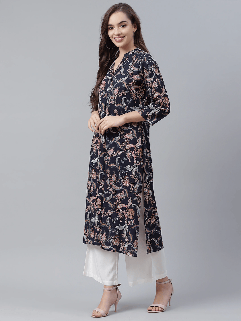 Divena Blue Printed Rayon Straight Kurti - divena world