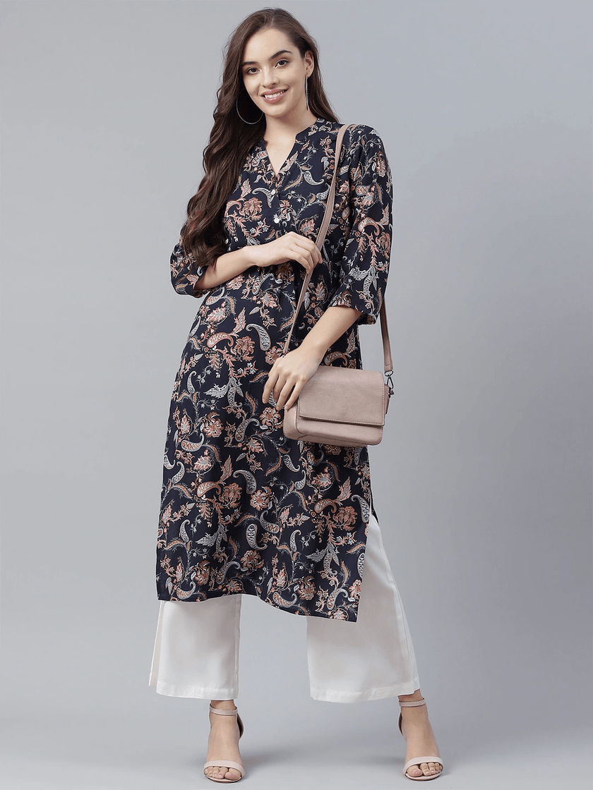 Divena Blue Printed Rayon Straight Kurti - divena world