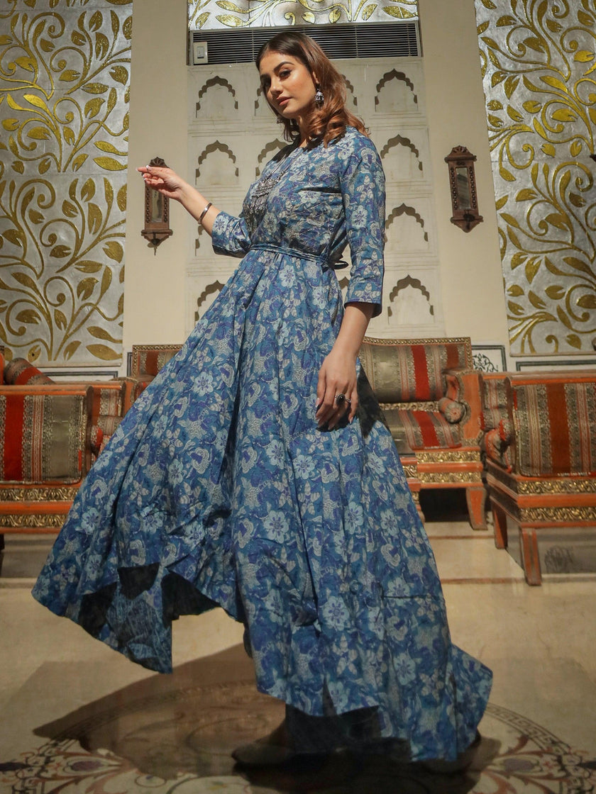 Divena Indigo Blue High Low Flared Kurta with Belt - divenaworld.com