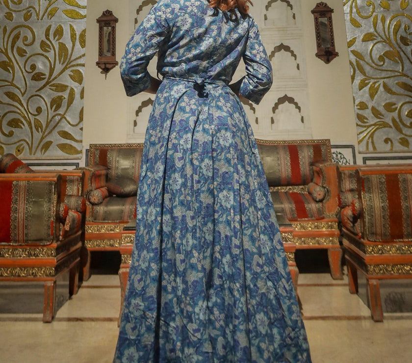 Divena Indigo Blue High Low Flared Kurta with Belt - divenaworld.com