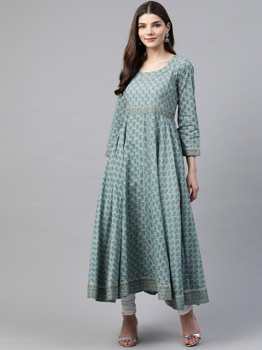 Divena Indigo Blue Printed High Low Kurta - divena world