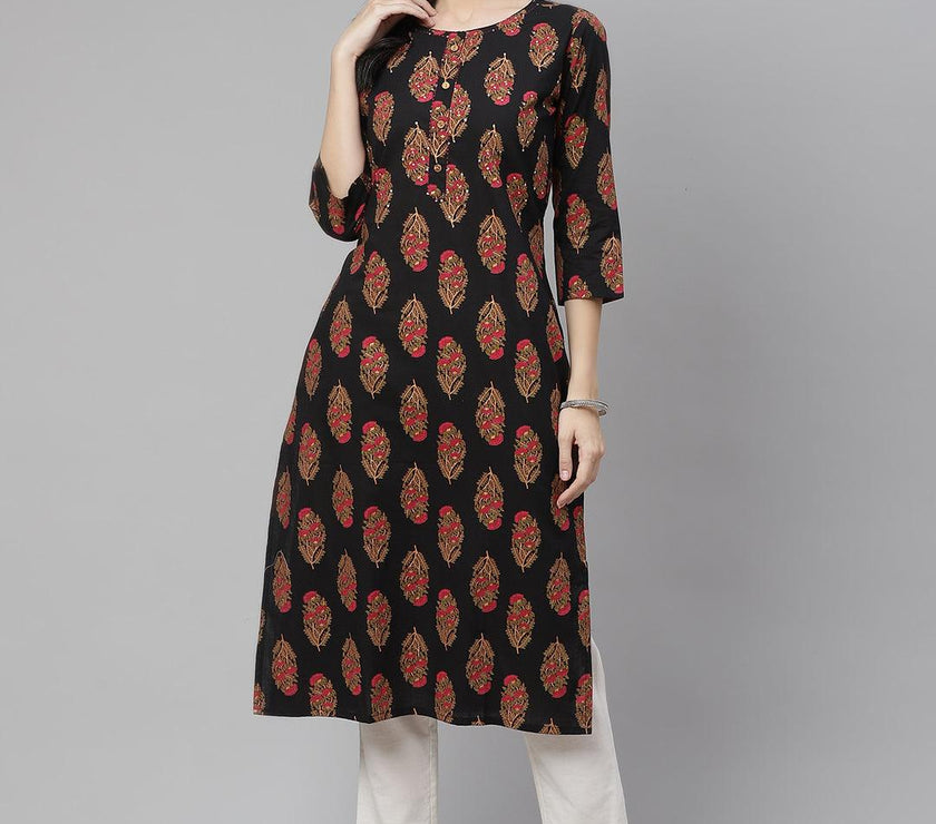 Divena Black Floral Print Cotton Straight Kurta - divena world