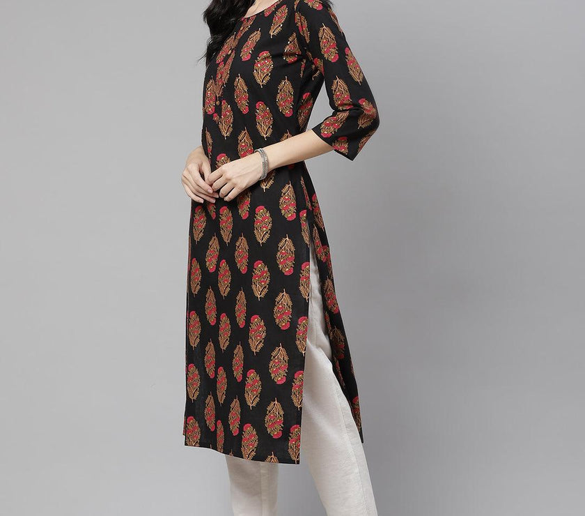 Divena Black Floral Print Cotton Straight Kurta - divena world