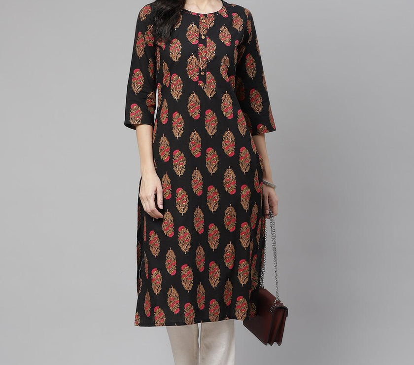 Divena Black Floral Print Cotton Straight Kurta - divena world