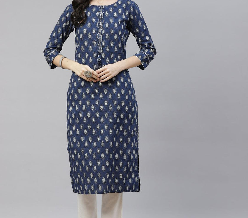 Divena Blue Booti Print Cotton Straight Kurti - divena world