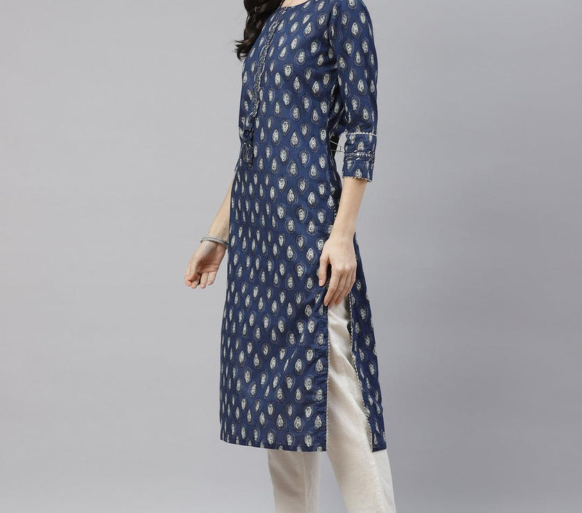 Divena Blue Booti Print Cotton Straight Kurti - divena world