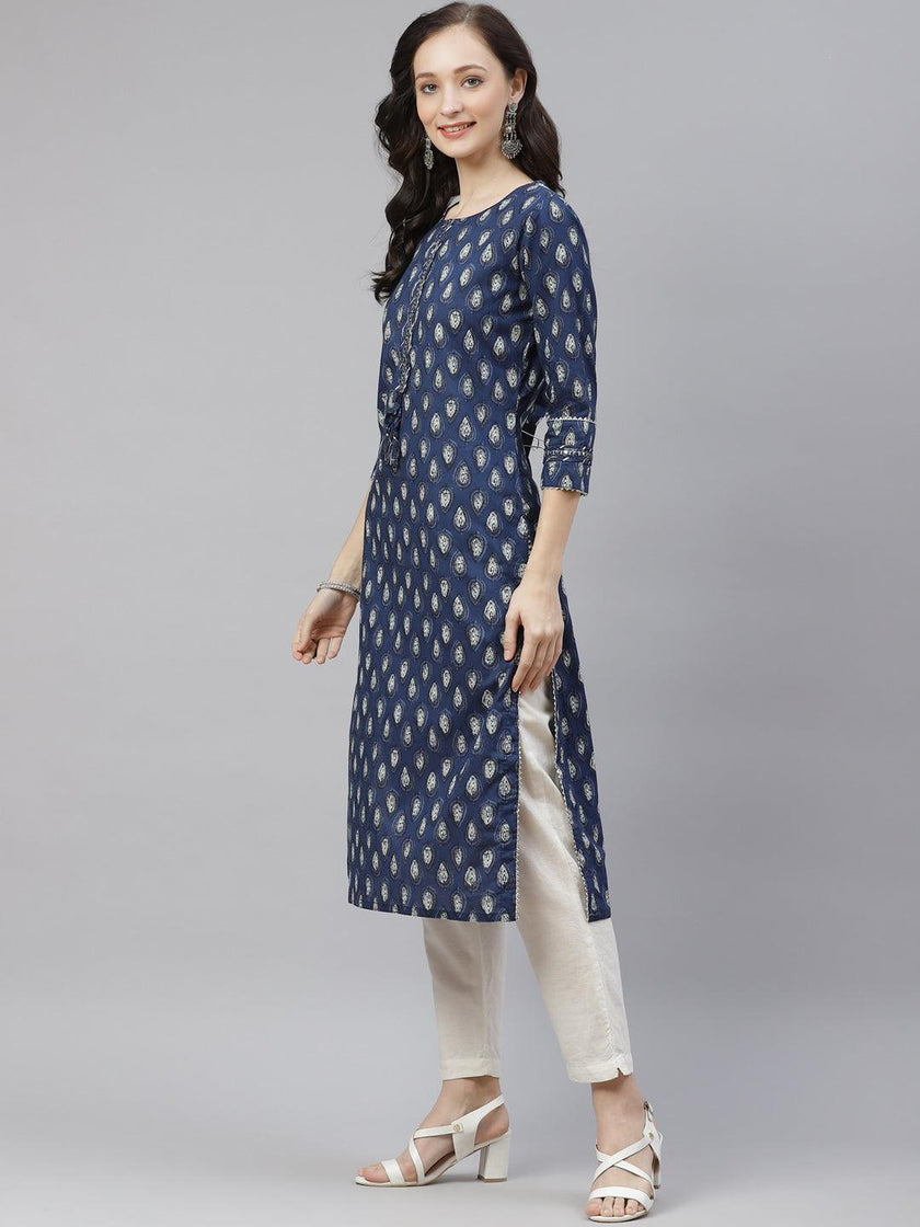 Divena Blue Booti Print Cotton Straight Kurti - divena world