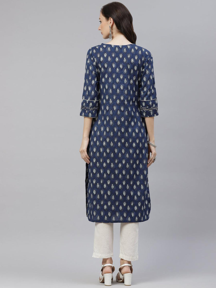 Divena Blue Booti Print Cotton Straight Kurti - divena world