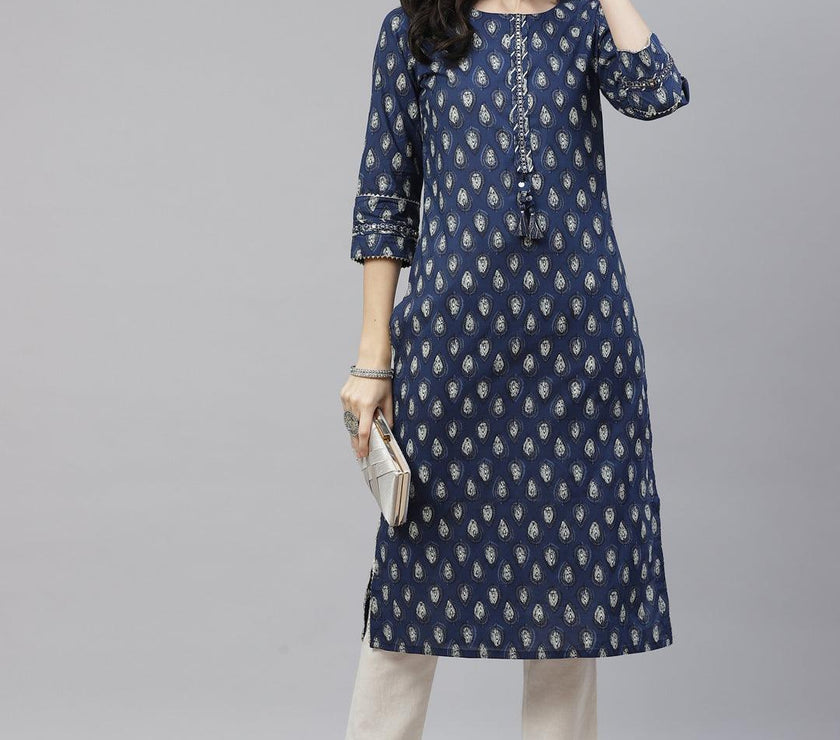 Divena Blue Booti Print Cotton Straight Kurti - divena world