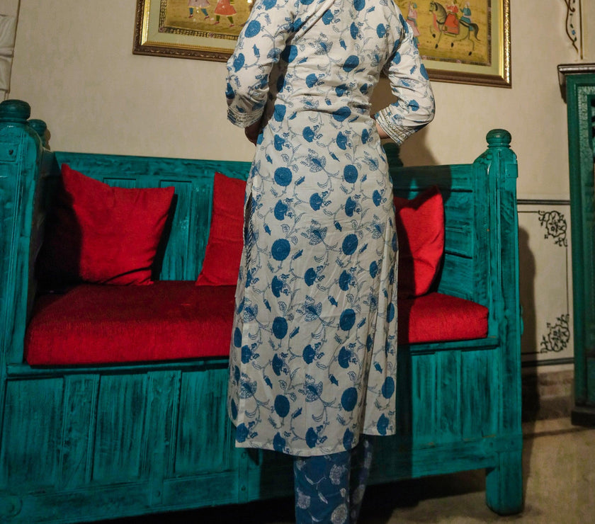 Divena White and Blue Cotton Kurta and Pant Set - divenaworld.com