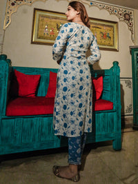 Divena White and Blue Cotton Kurta and Pant Set - divenaworld.com