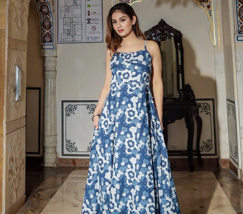 Divena Indigo Print Cotton Long Dress - divenaworld.com