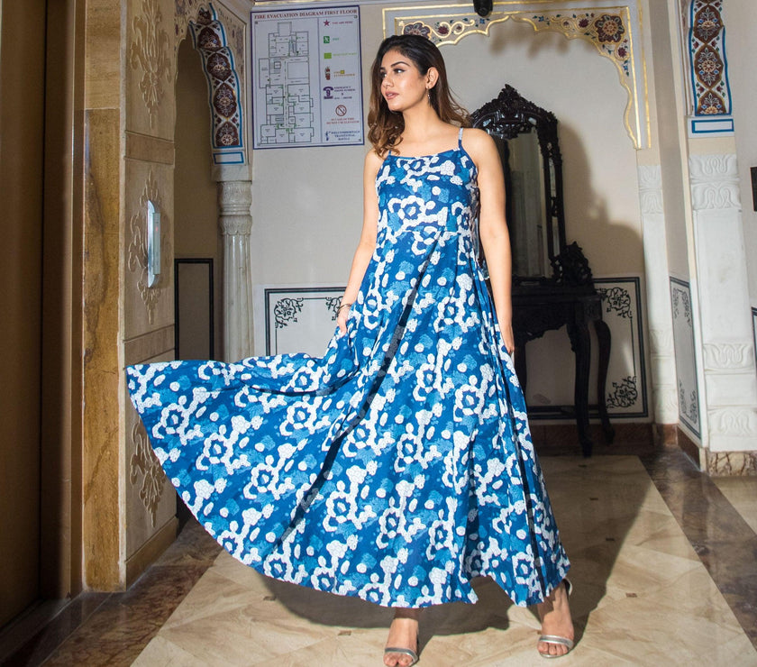 Divena Indigo Print Cotton Long Dress - divenaworld.com