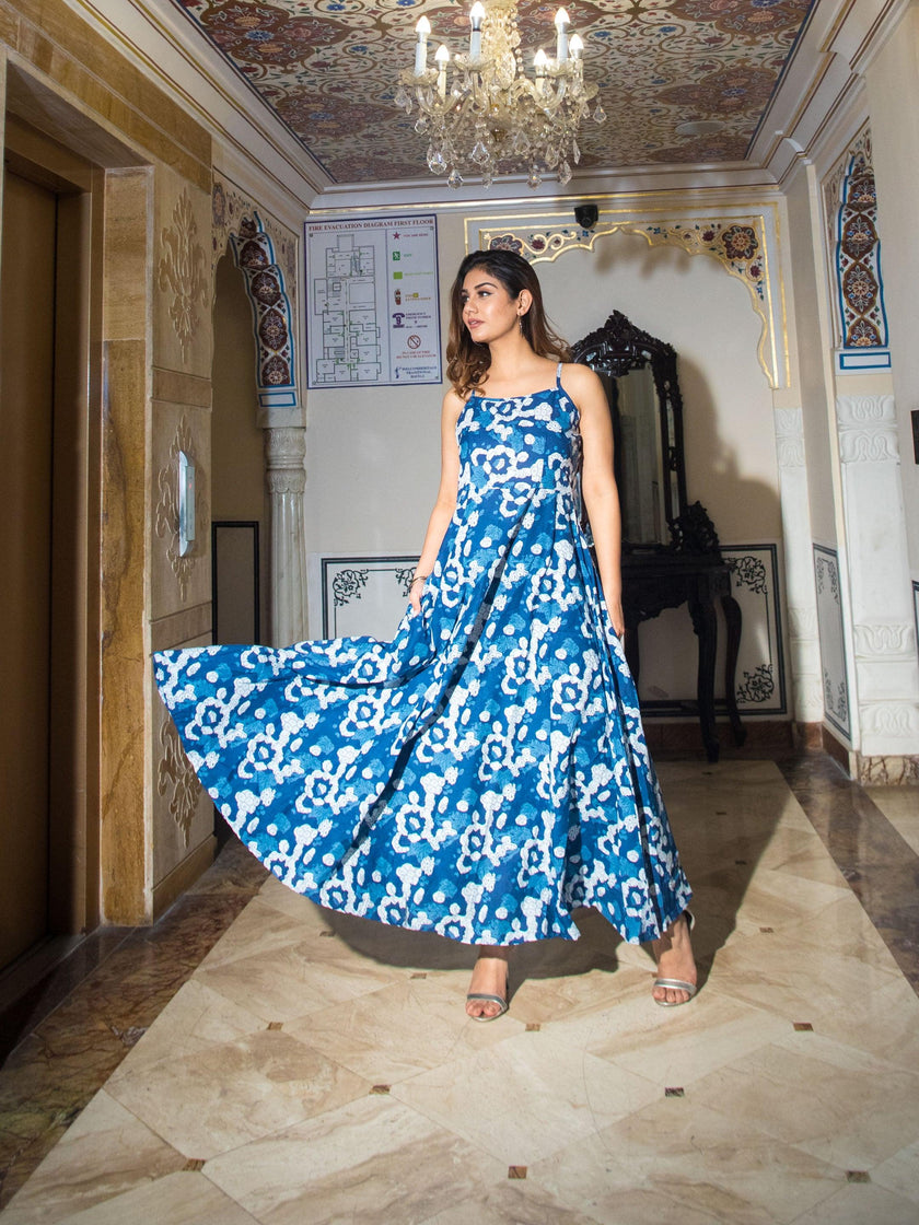 Divena Indigo Print Cotton Long Dress - divenaworld.com