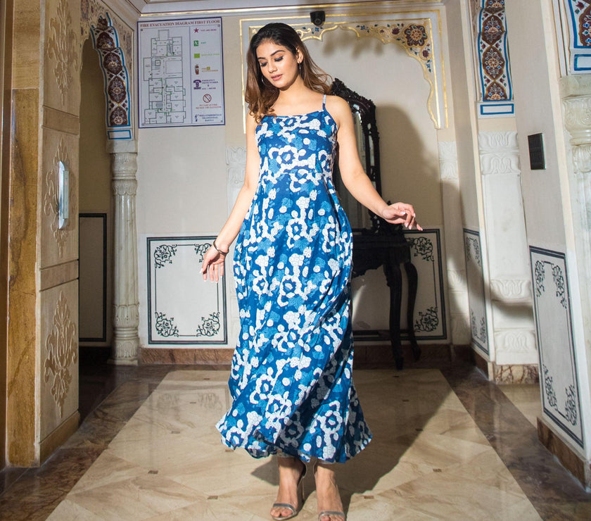 Divena Indigo Print Cotton Long Dress - divenaworld.com