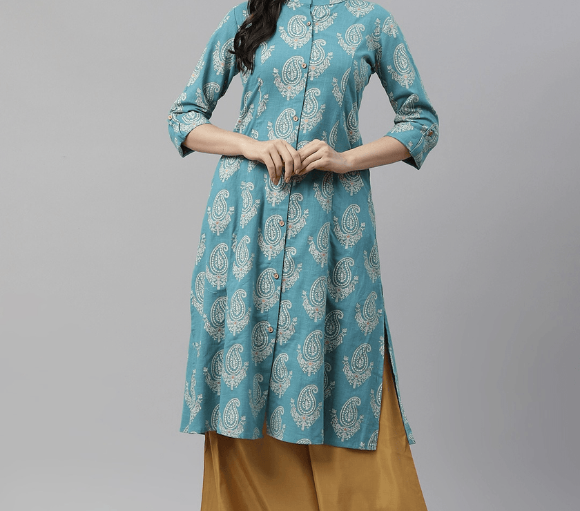 Divena Sky Blue Cotton Printed Kurta - divena world