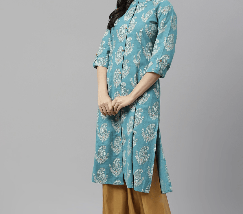 Divena Sky Blue Cotton Printed Kurta - divena world