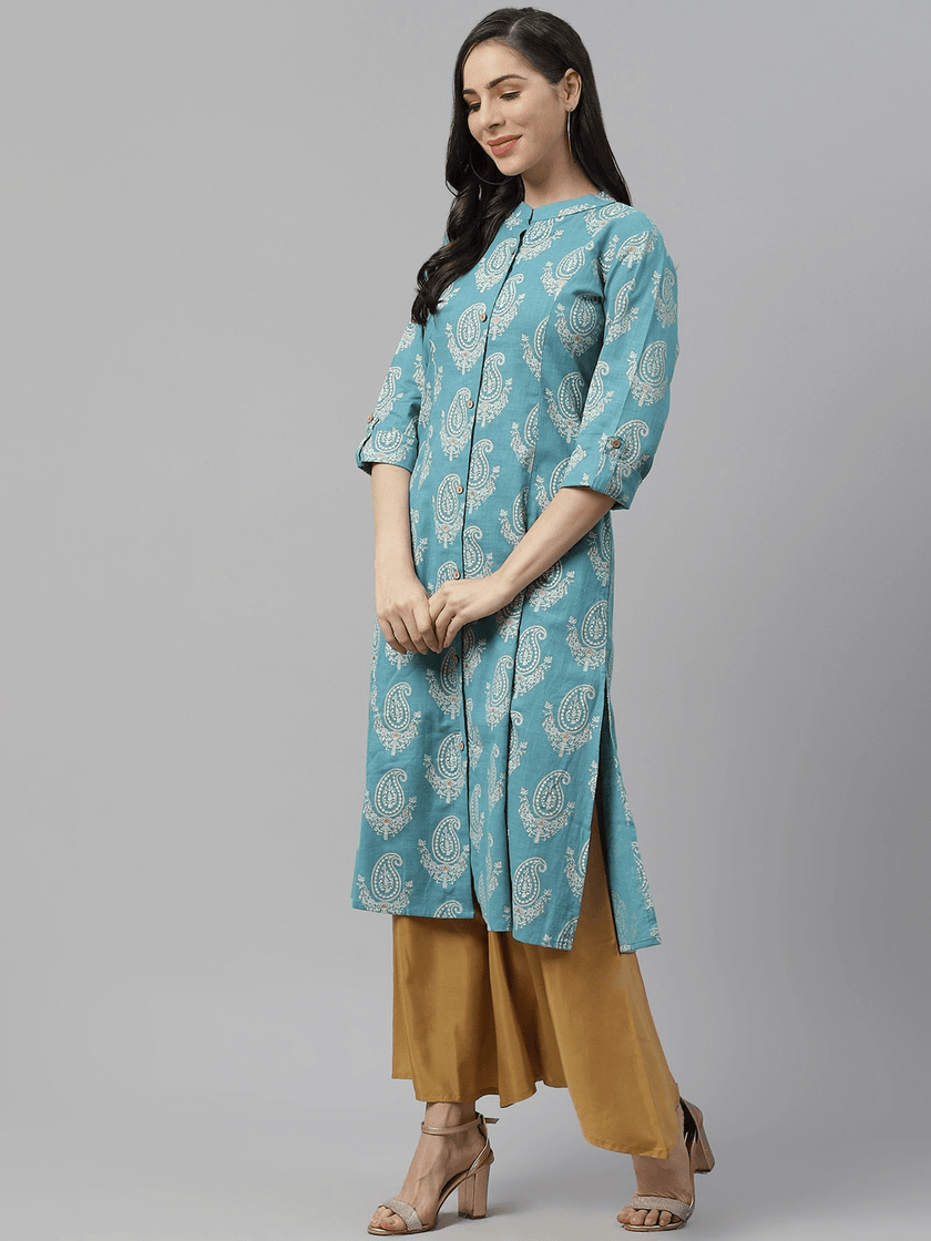 Divena Sky Blue Cotton Printed Kurta - divena world