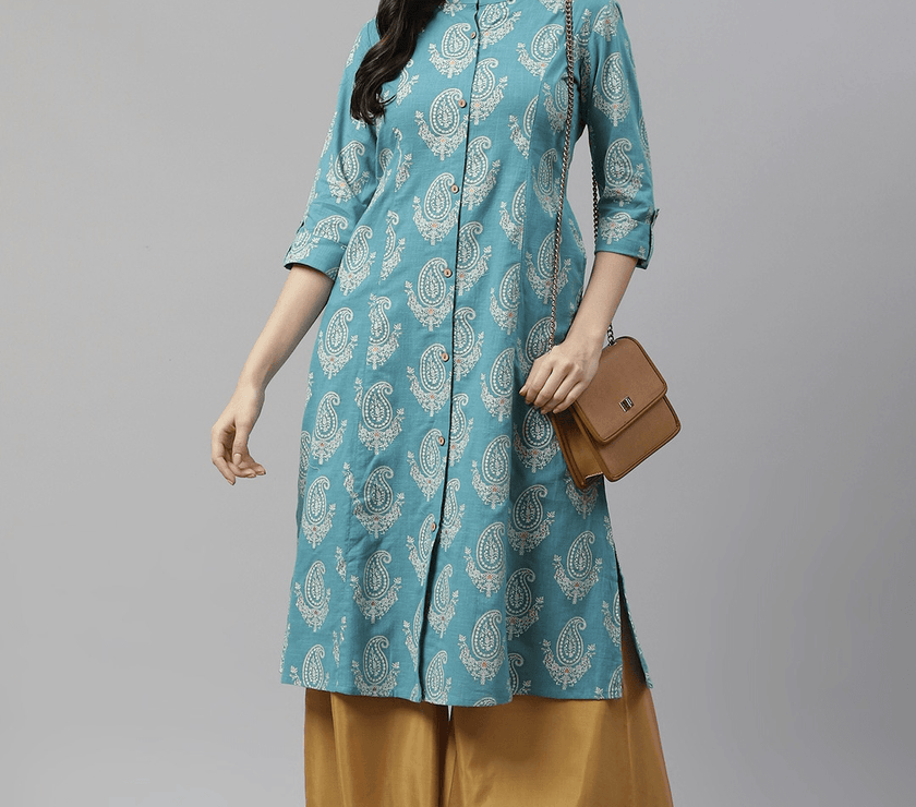 Divena Sky Blue Cotton Printed Kurta - divena world