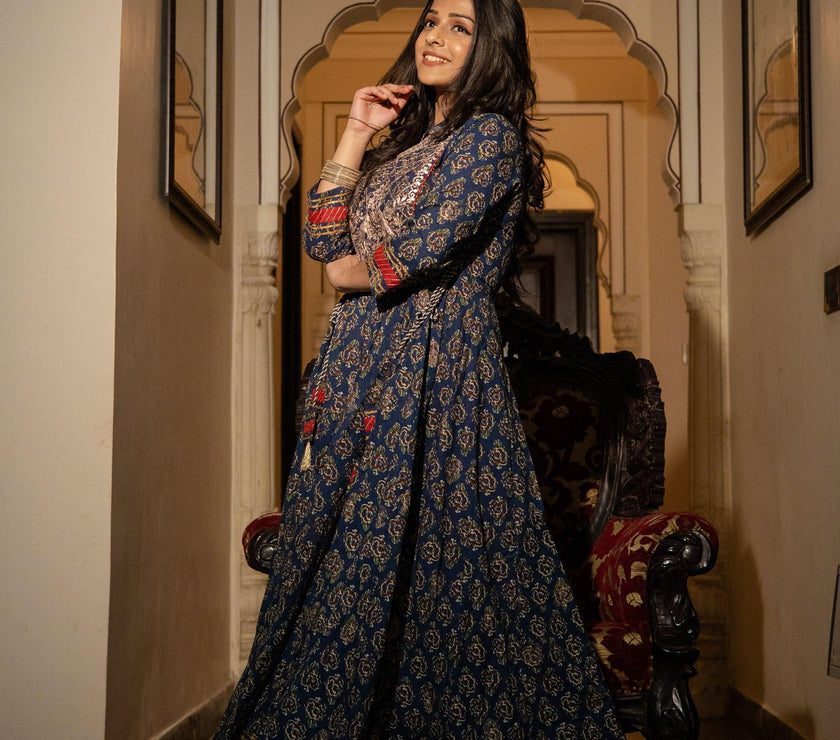 Divena Blue Cotton Anarkali Kurta - divenaworld.com