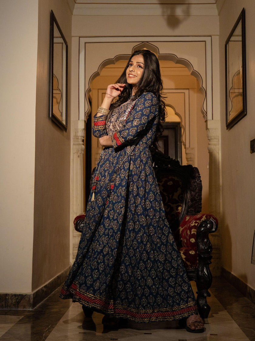 Divena Blue Cotton Anarkali Kurta - divenaworld.com