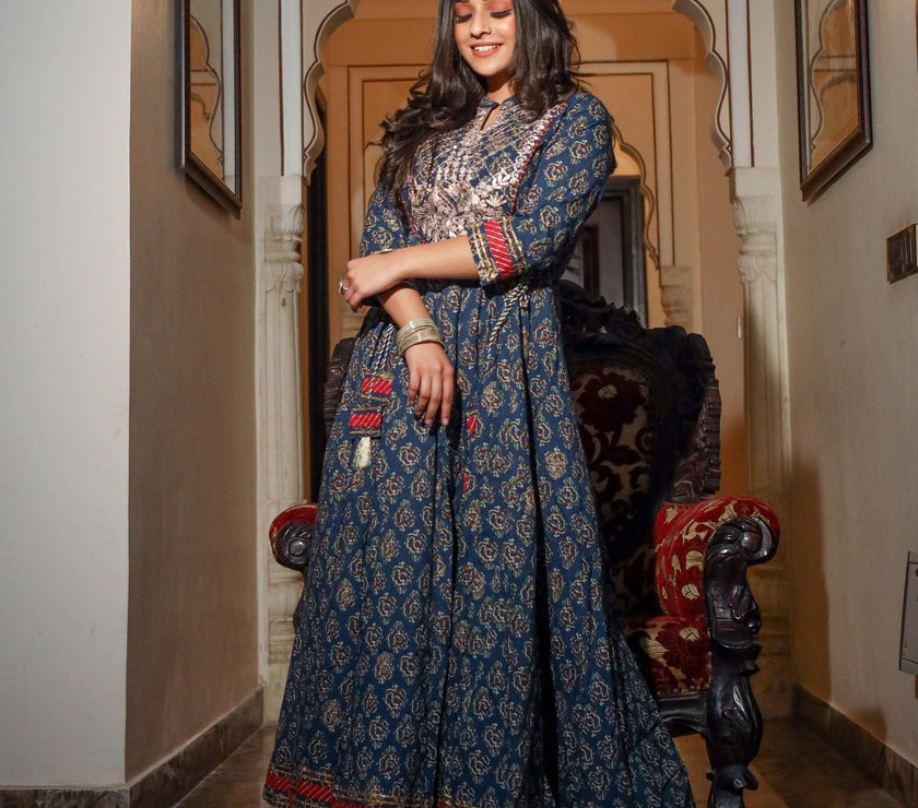 Divena Blue Cotton Anarkali Kurta - divenaworld.com