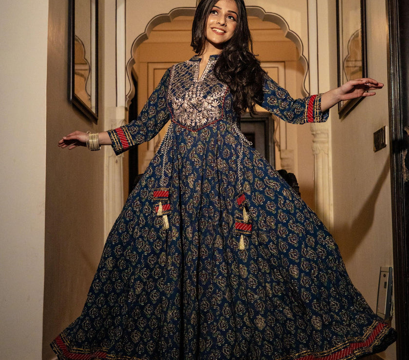 Divena Blue Cotton Anarkali Kurta - divenaworld.com