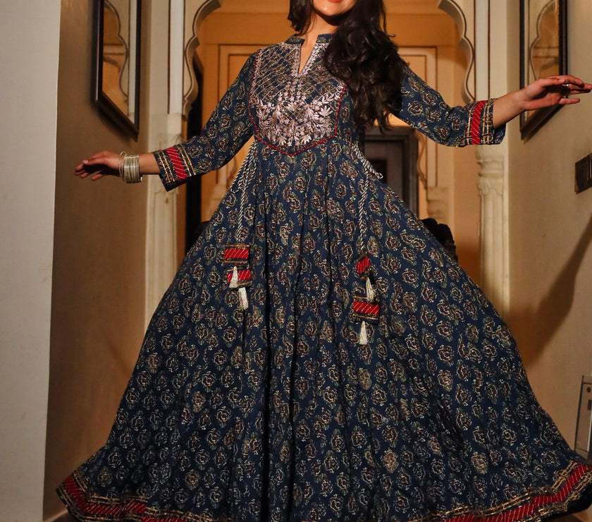 Divena Blue Cotton Anarkali Kurta - divenaworld.com