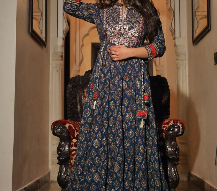 Divena Blue Cotton Anarkali Kurta - divenaworld.com