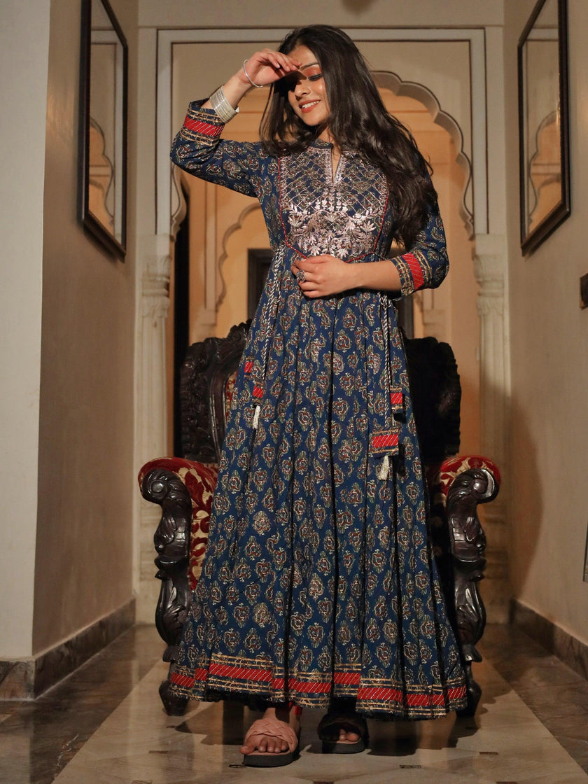 Divena Blue Cotton Anarkali Kurta - divenaworld.com