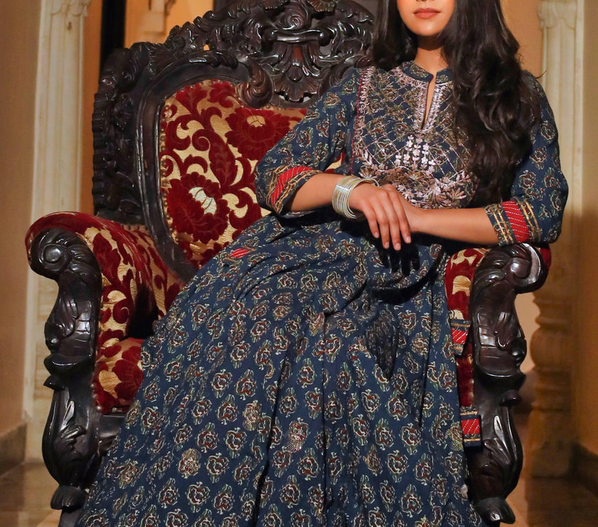 Divena Blue Cotton Anarkali Kurta - divenaworld.com