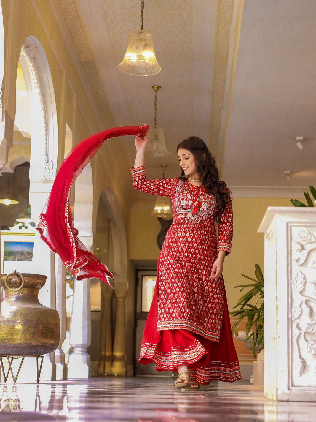 Divena maroon Cotton Kurta palazzo set with net dupatta - divenaworld.com