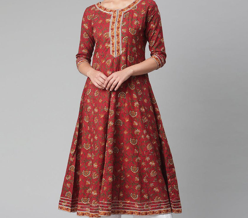 Divena Red Flaired Cotton Anarkali Kurta - divena world