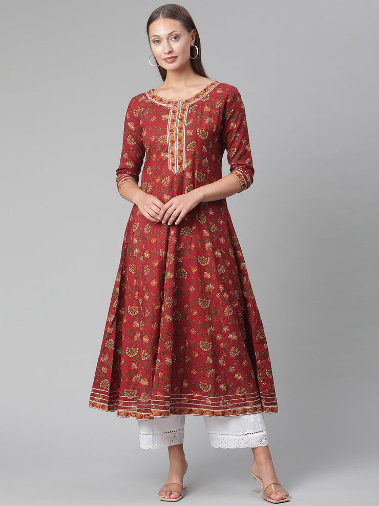 Divena Red Flaired Cotton Anarkali Kurta - divena world