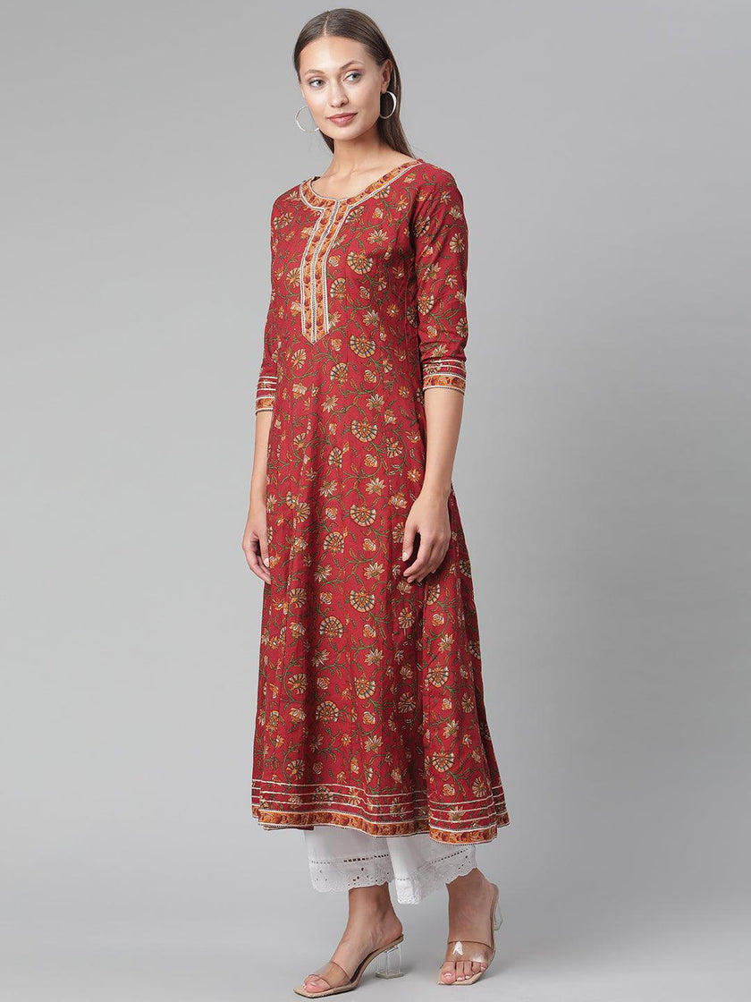 Divena Red Flaired Cotton Anarkali Kurta - divena world