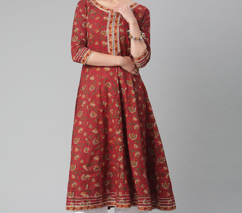 Divena Red Flaired Cotton Anarkali Kurta - divena world